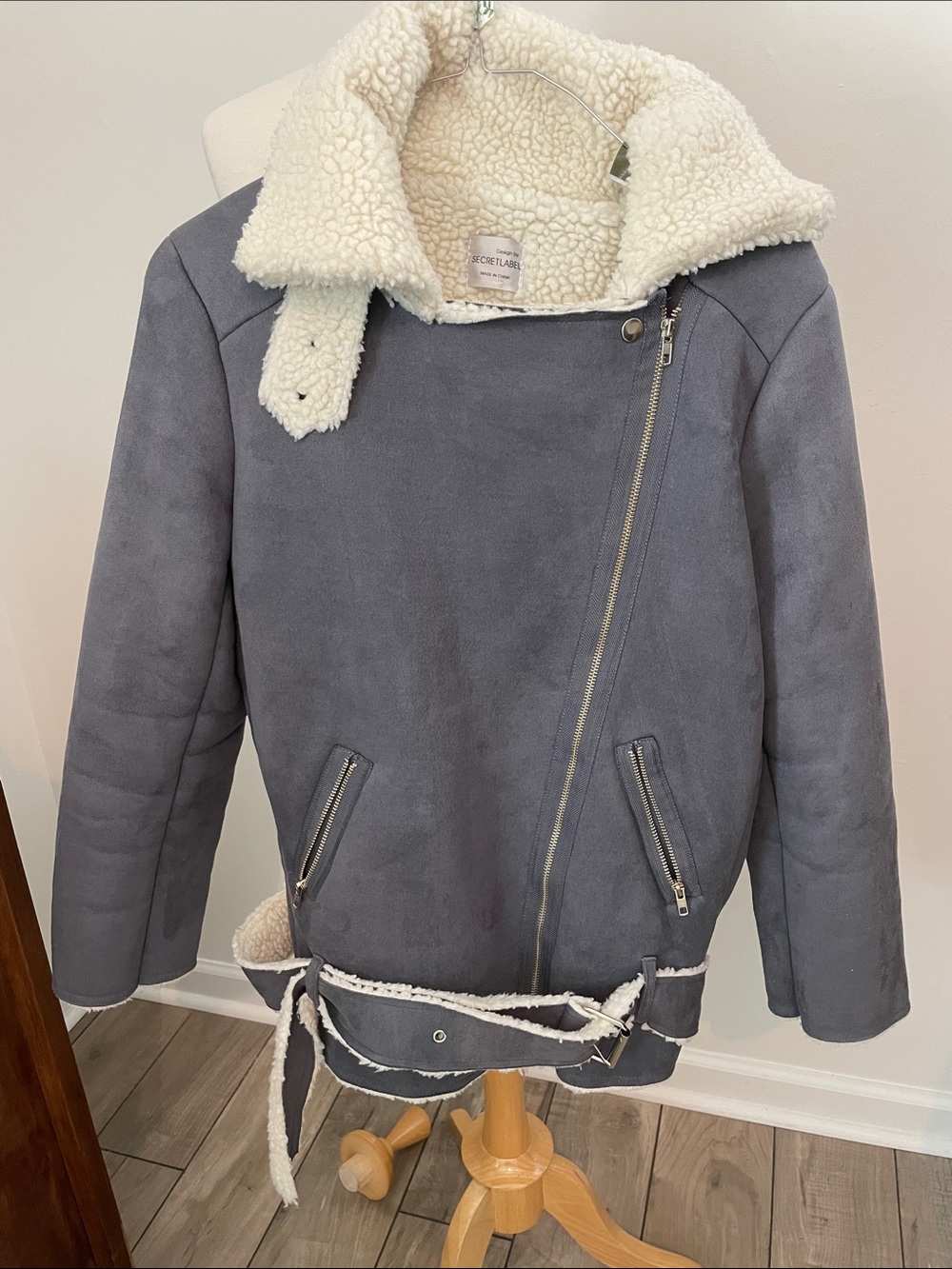 Gray Teddy Moto Jacket with Cream Sherpa Collar